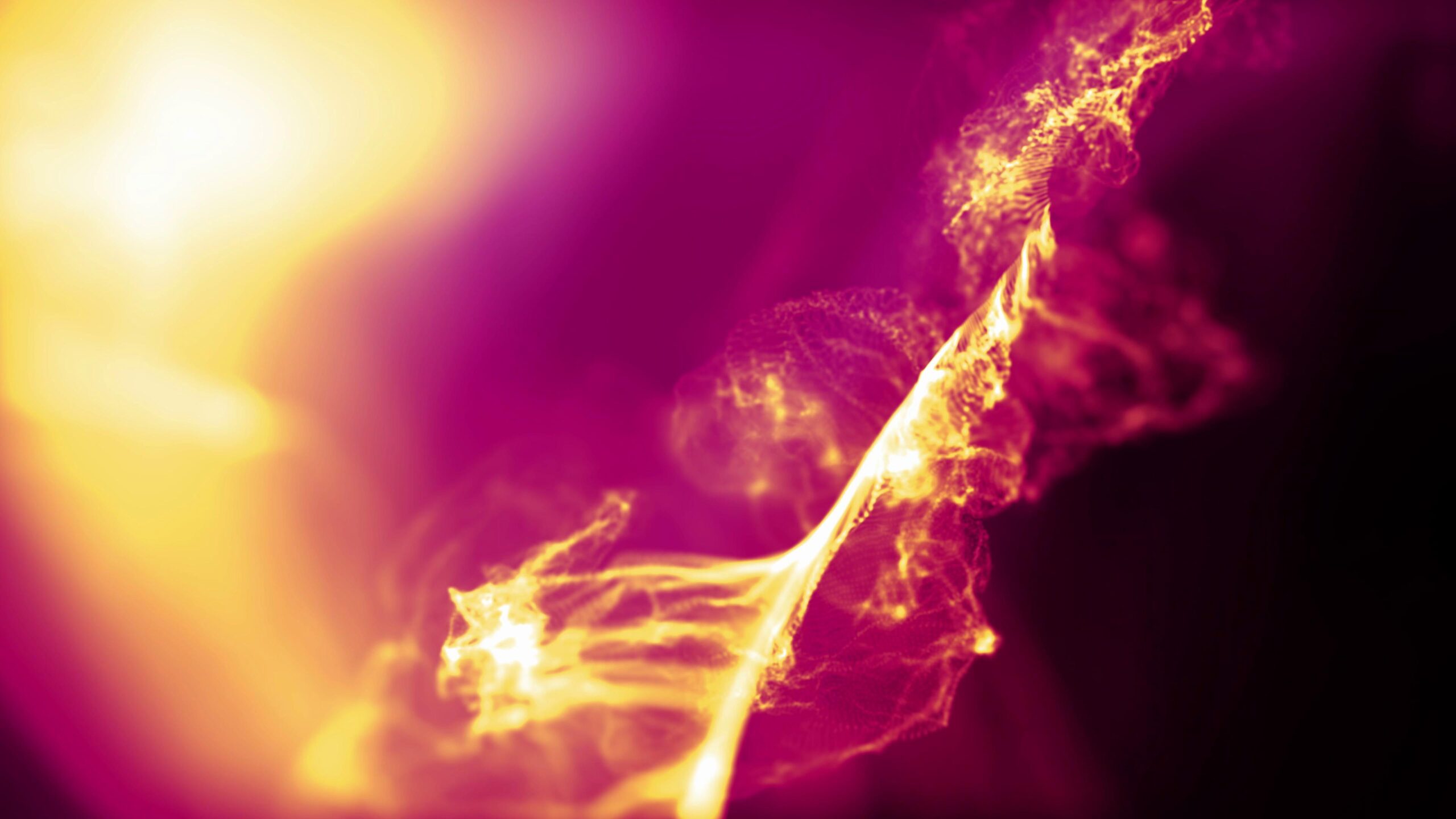The abstract 4K animation loop depicts a dynamic interplay between glowing golden lines and swirling particles against an inky black backdrop.