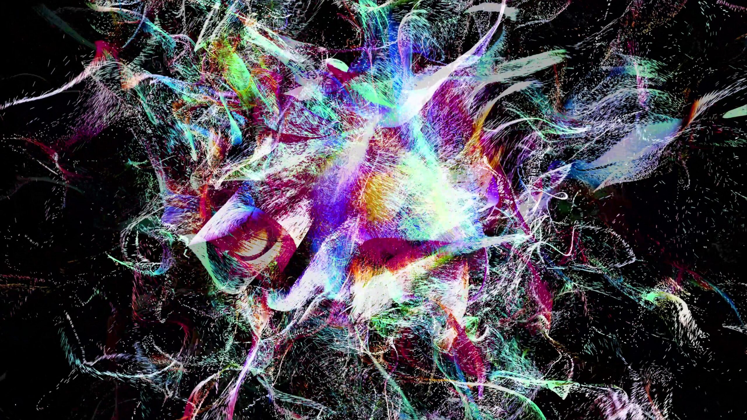 The digital 4K video loop showcases a kaleidoscope of glowing filaments and radiant particles swirling in chaotic harmony against a black background.
