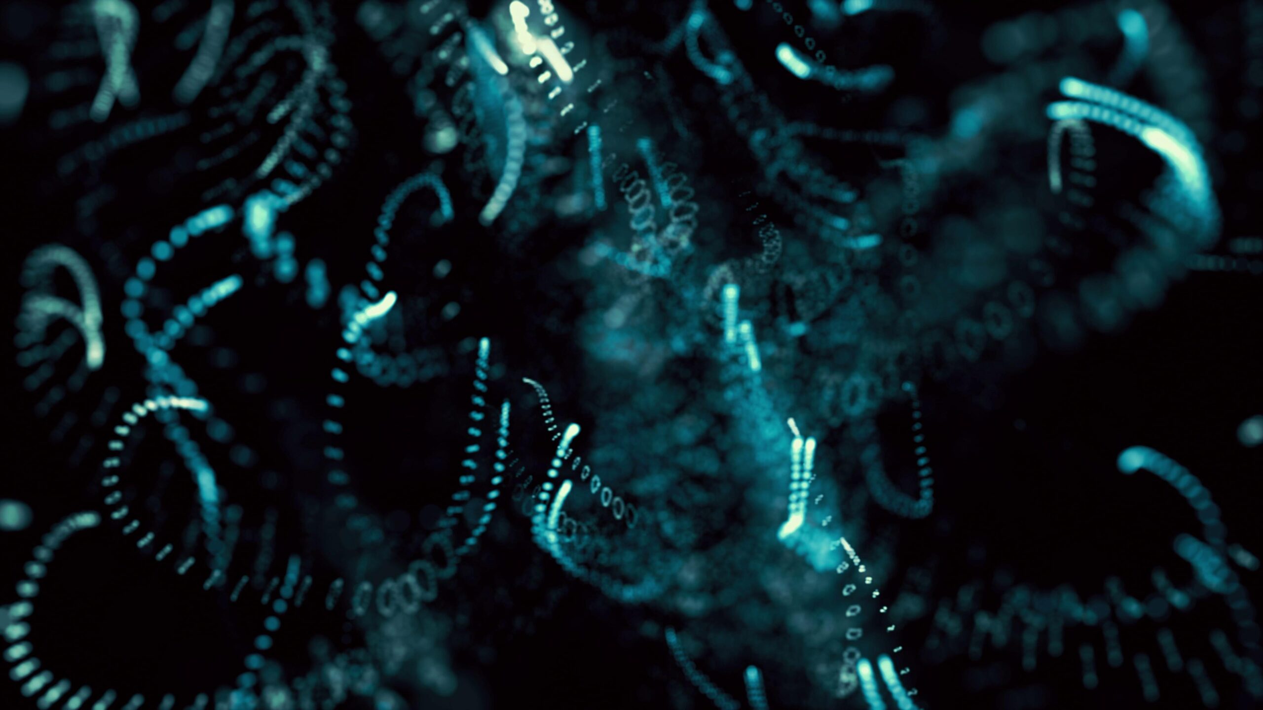 This captivating animated scene features floating turquoise light strands made up of numerous glowing dots moving dynamically across a pitch-black canvas — perfect for tech-themed backgrounds or immersive presentations requiring high-energy visuals without distraction.