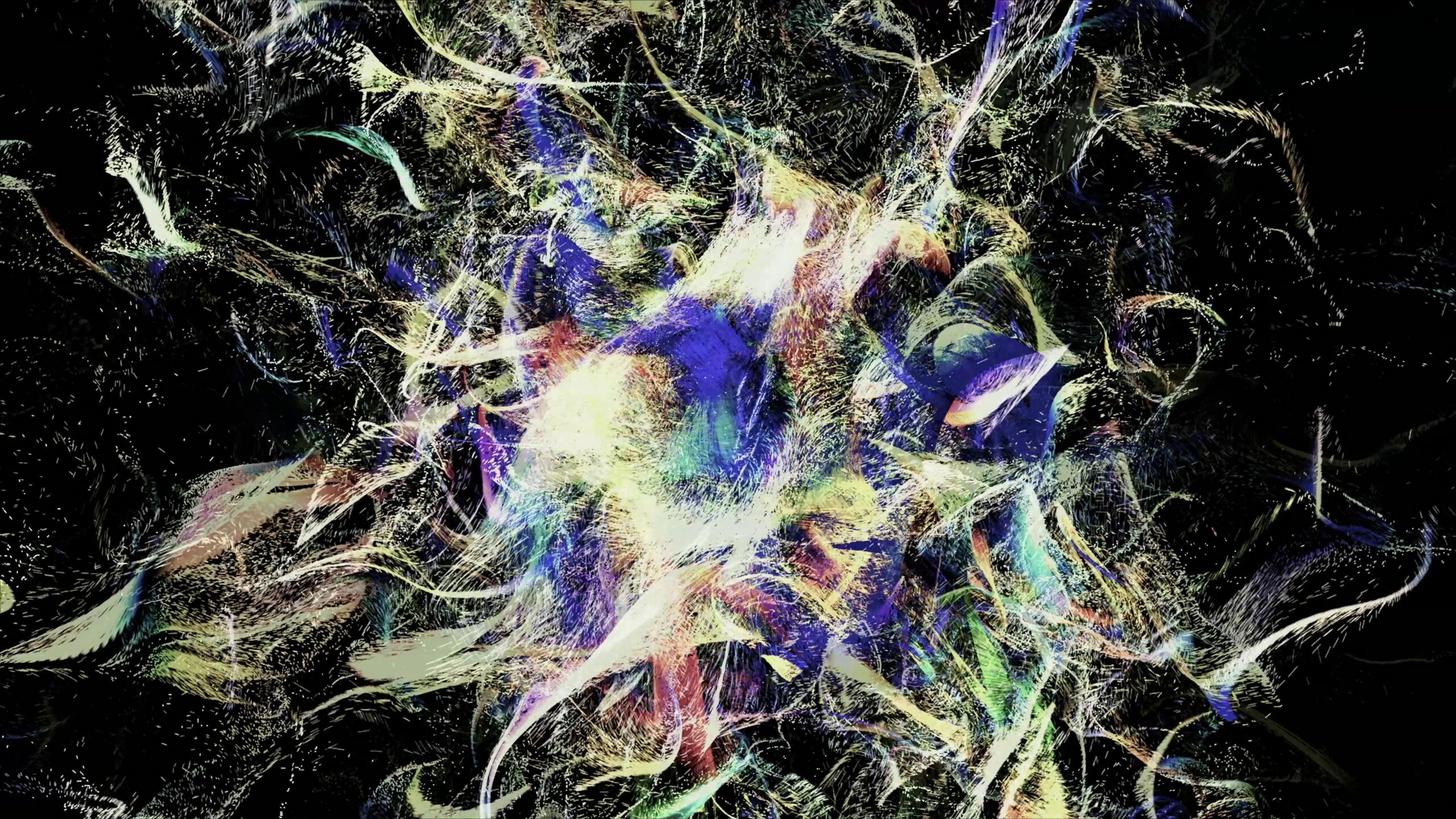 A vibrant burst of colorful lines explodes energetically from a glowing center on black background.