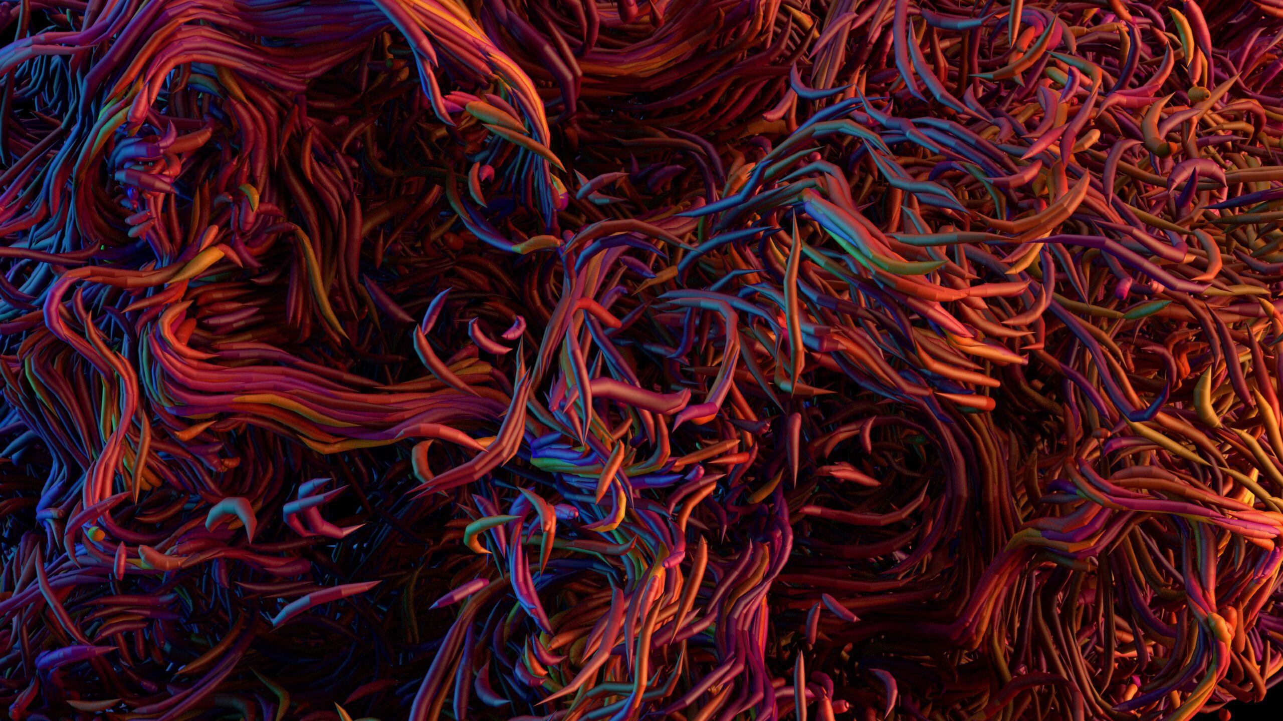 Vibrant glowing ribbons swirl energetically against dark background — surreal digital artwork showcasing vibrant colors and flowing shapes.