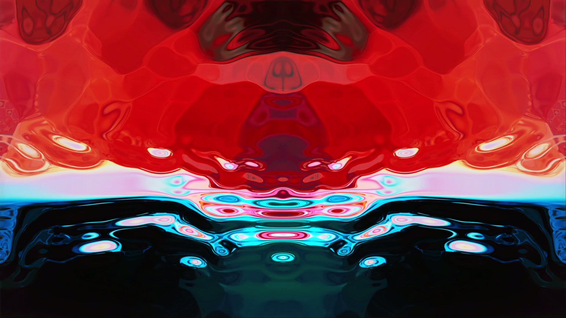 A vivid and symmetrical abstract digital video featuring vibrant reds and deep blues creating fluid, liquid-like reflections with complex patterns and textures.