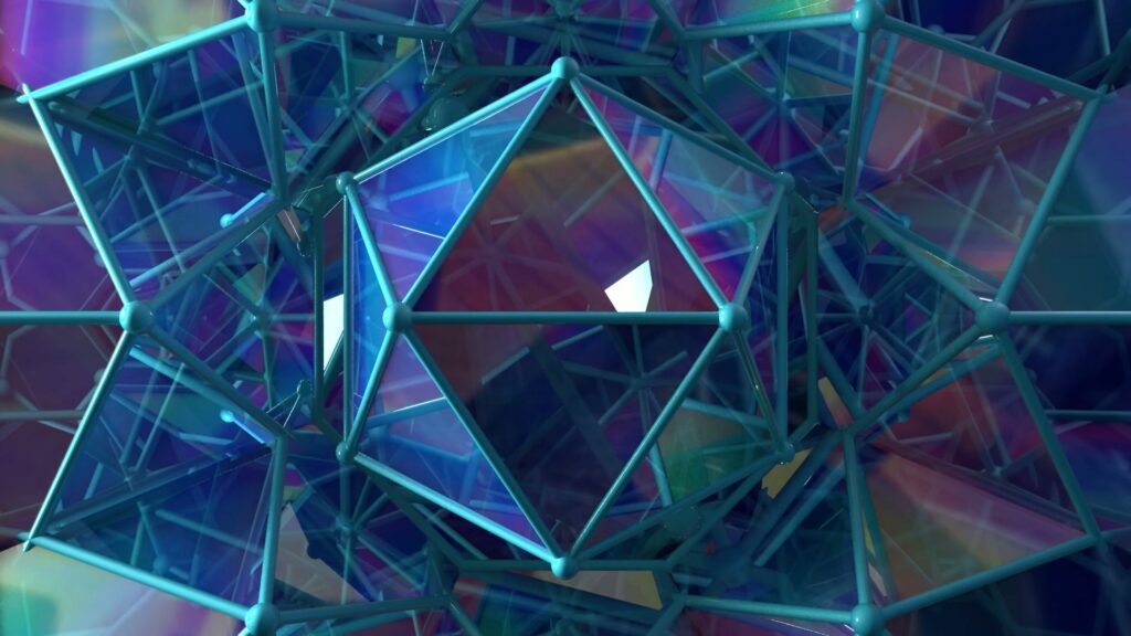 Abstract video loop featuring a complex geometric pattern of interconnected transparent polyhedra with turquoise frames, displayed in iridescent shades of blue and purple, creating a modern and futuristic art animation.