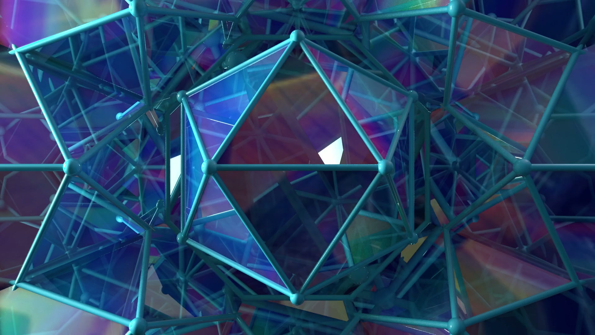 An animation loop of a complex 3D geometric structure featuring an iridescent blue icosahedron surrounded by interconnected lines, set against a colorful abstract background.