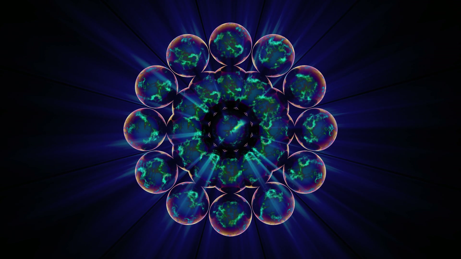 Digital video loop featuring a cosmic mandala with symmetrically arranged spheres, each adorned with swirling blue and green textures, set against a dark background with radiating blue light beams.