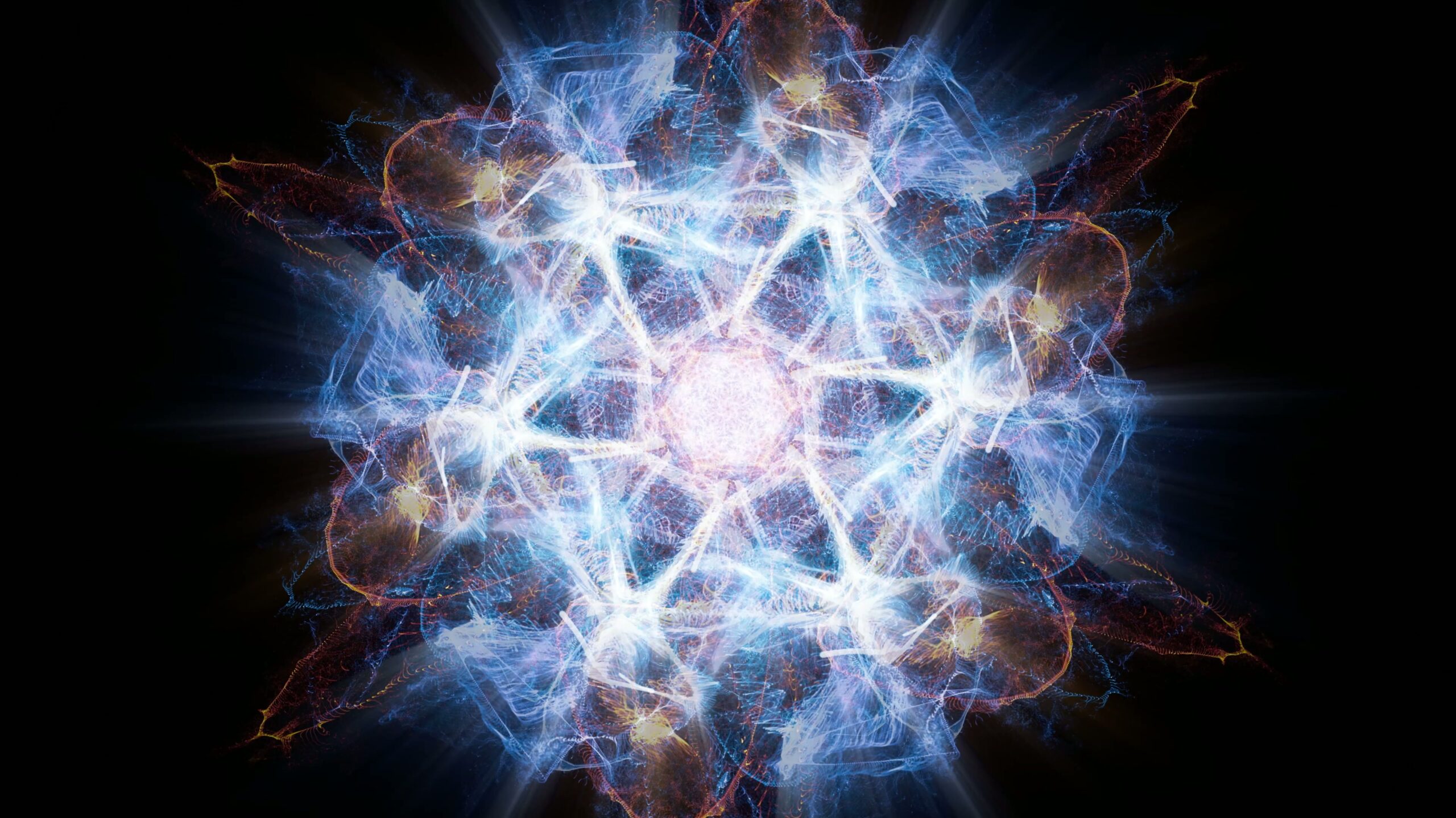 A vibrant 4K fractal video loop depicting a cosmic energy burst with intricate blue and white patterns.
