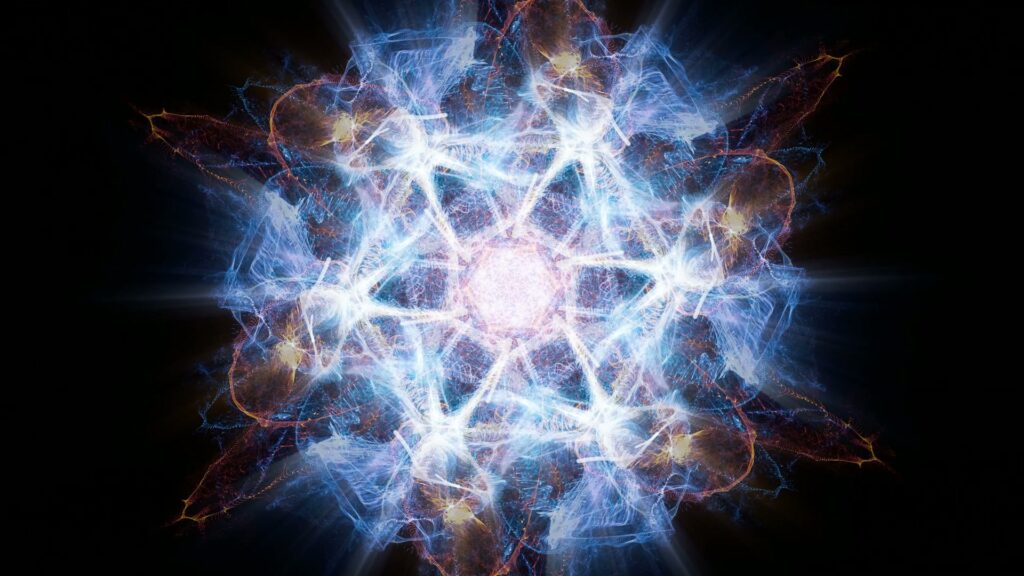 A mesmerizing fractal video loop with a glowing, intricate sacred geometry patterns on a dark background.