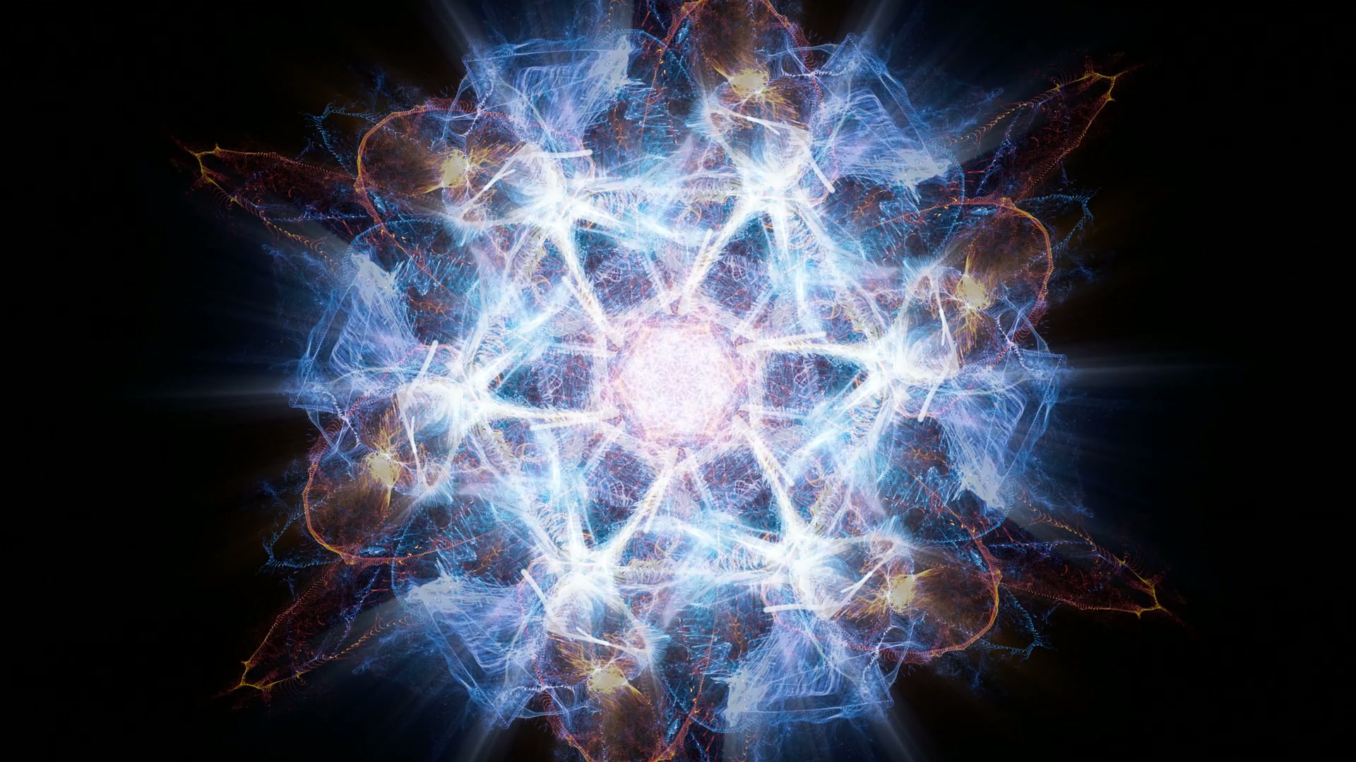 A mesmerizing fractal video loop with a glowing, intricate sacred geometry patterns on a dark background.