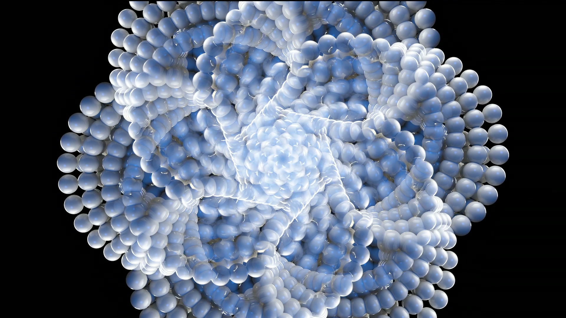 Abstract looping video of a geometric animation of shiny blue and white spheres animating in layered spirals, set against a dark background for striking contrast and visual depth.