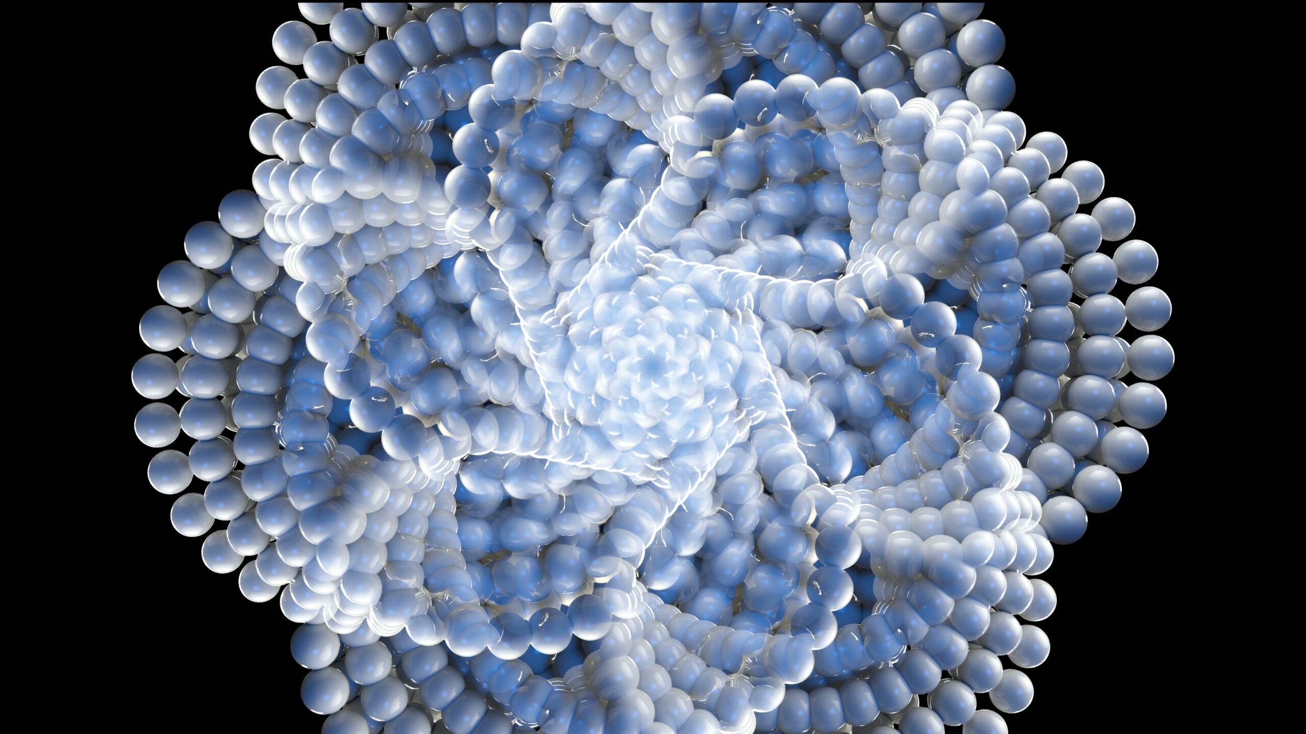 Abstract 4K video loop of blue spheres arranged in a symmetrical, flower-like spiral with a black background.