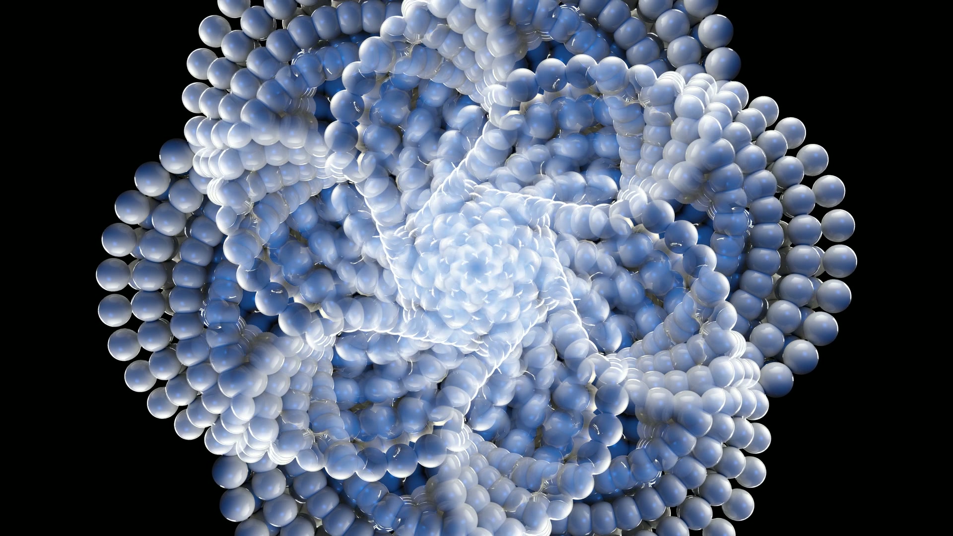 The flower of life sacred geometry structure made of blue and white spheres on a black background.