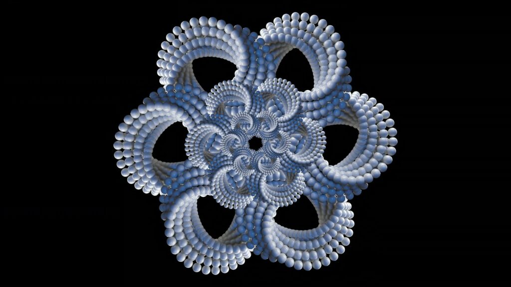 Intricate 3D fractal design featuring interconnected spherical patterns on a black background, creating a symmetrical and floral geometric 3D animation loop.