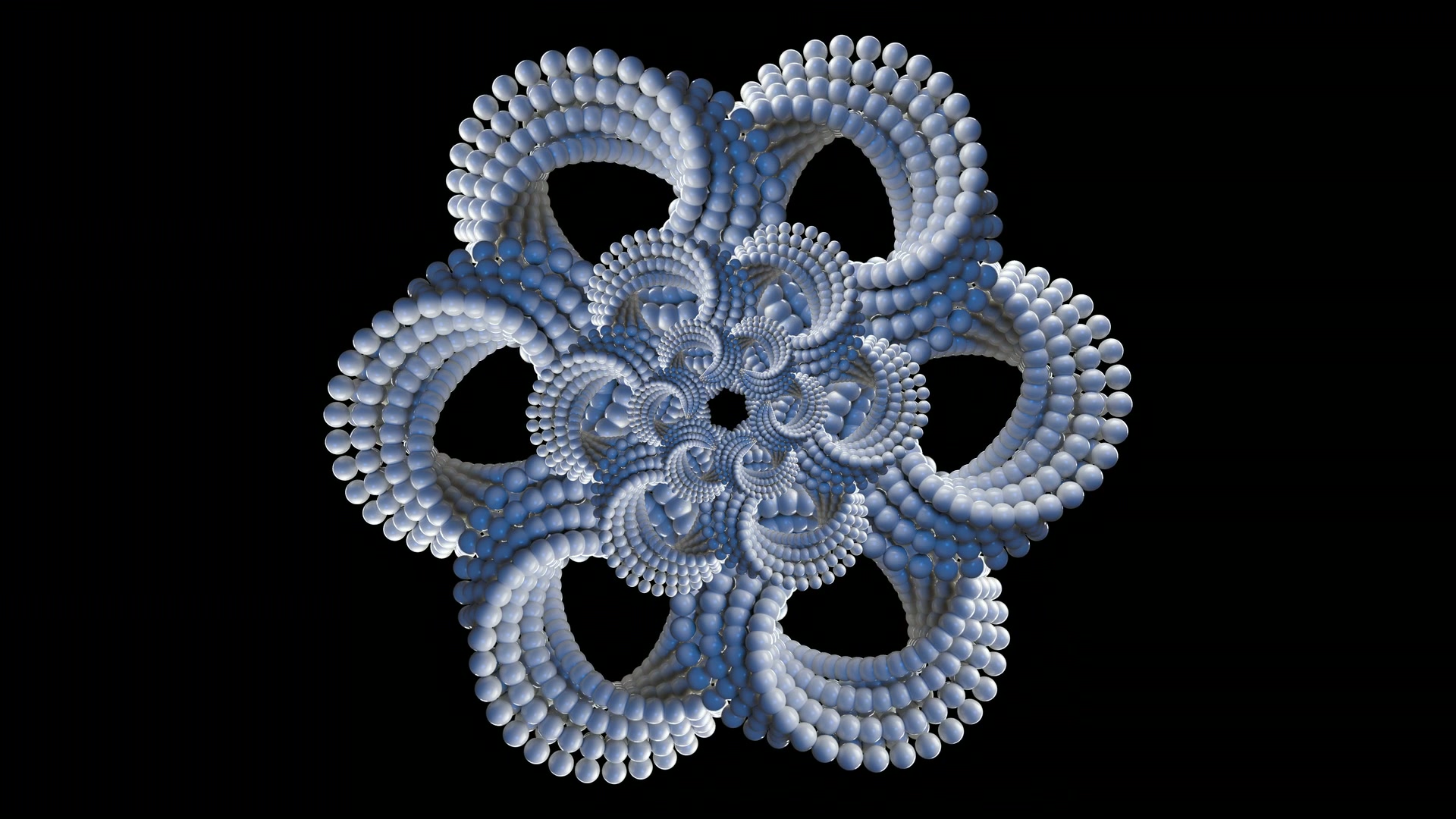 Intricate 3D fractal design featuring interconnected spherical patterns on a black background, creating a symmetrical and floral geometric 3D animation loop.