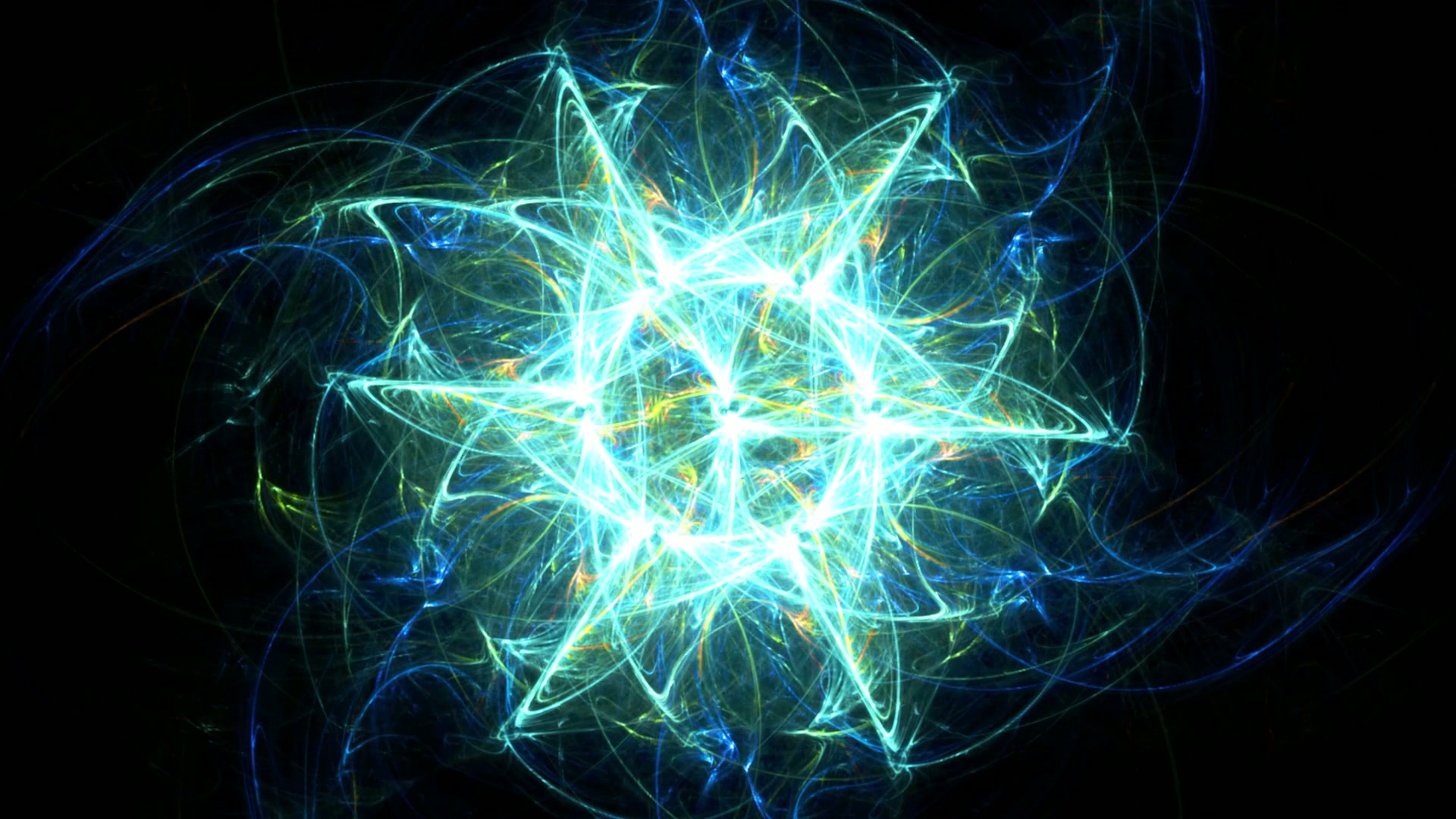 Intricate luminous sacred geometry star pattern with vibrant shades of blue, green, and orange on a dark background, creating a mesmerizing fractal-like appearance.