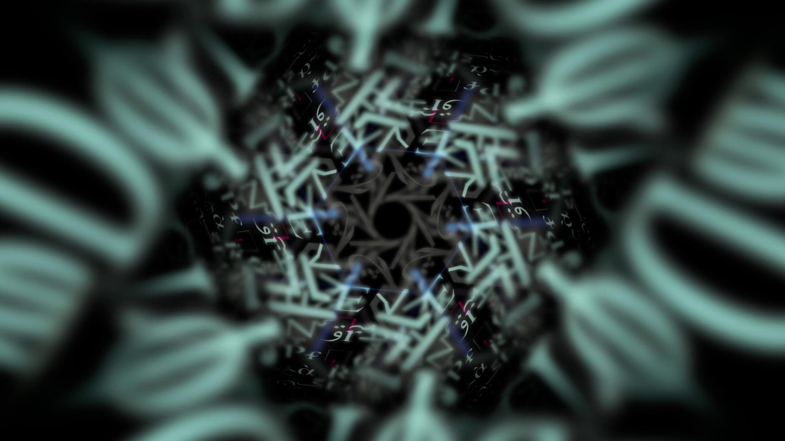 Abstract geometric patterns featuring blue and white lights creating kaleidoscope effects.