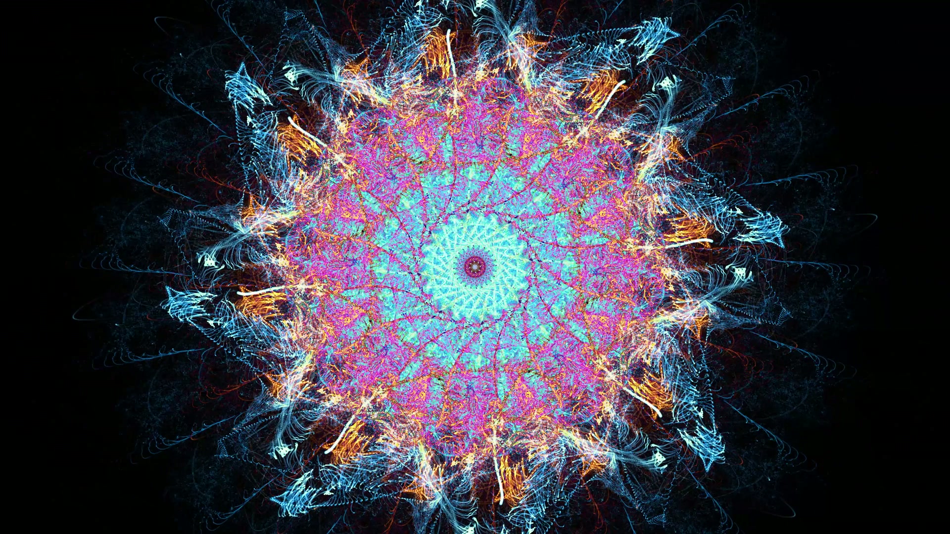 A vibrant and intricate fractal looping video with turquoise, pink, and blue hues, resembling an abstract energy burst against a dark background.