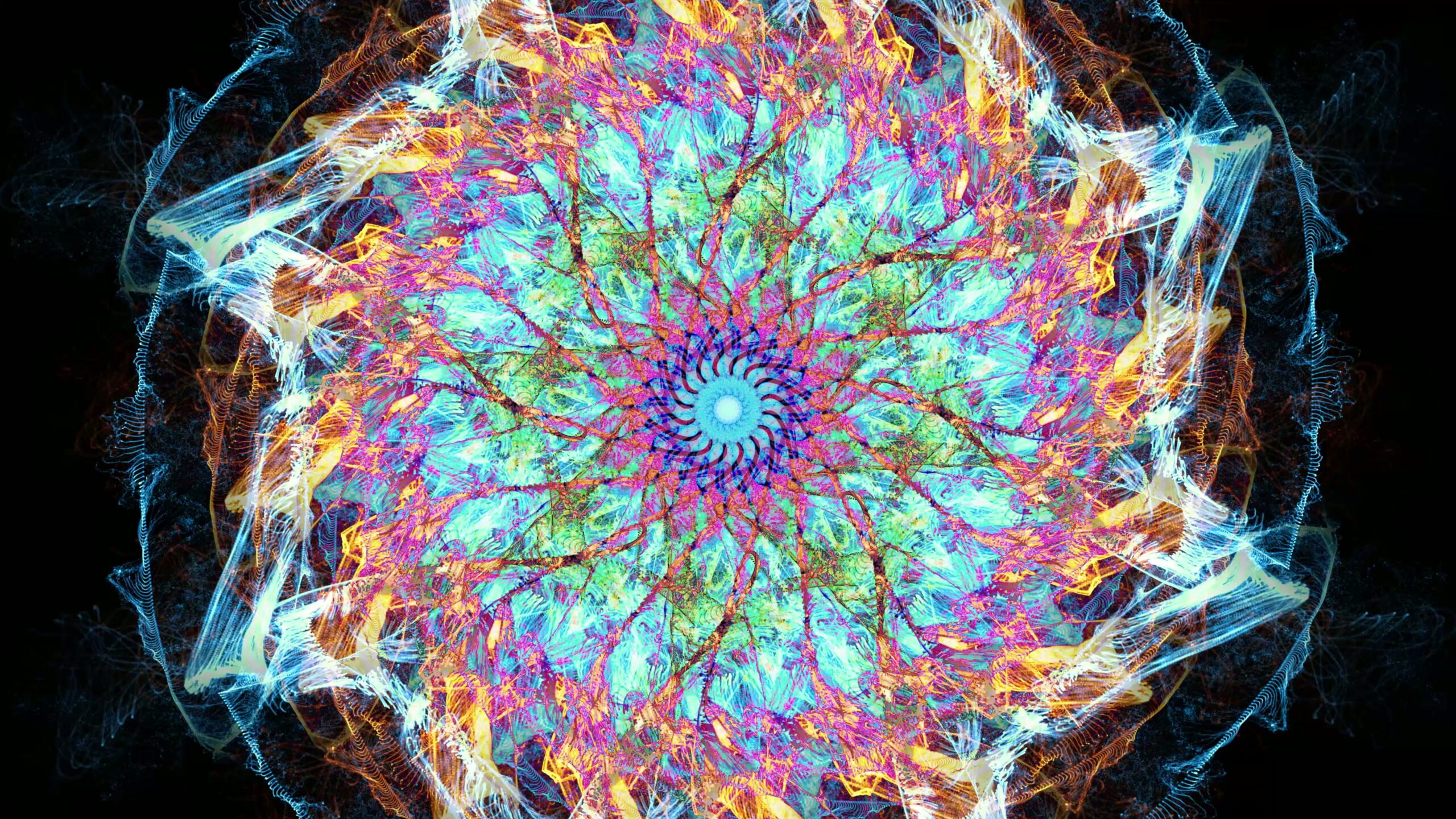 The mesmerizing digital 4K video loop unfolds with a radiant kaleidoscope centered around an eye-like focal point that pulses with hypnotic energy.
