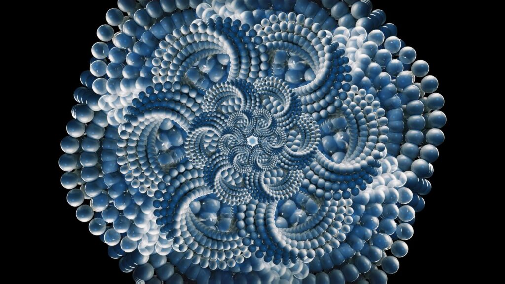 A captivating fractal HD video loop featuring a complex arrangement of spheres in blue and white gradients, set against a black background, creating an intricate and symmetrical spiral design.