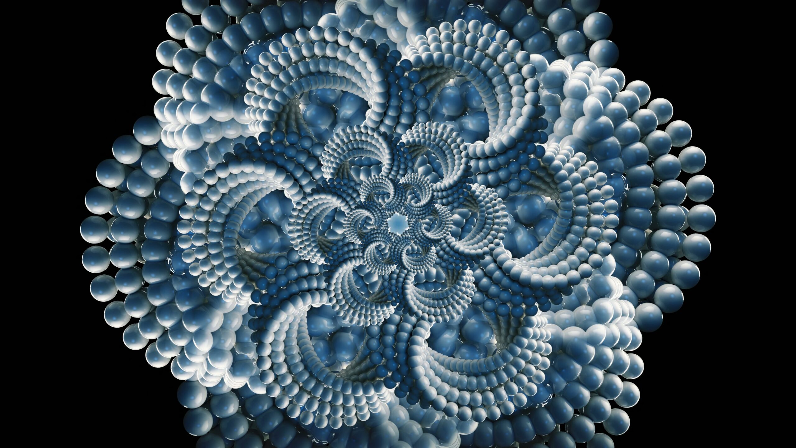 Looping video animation of an intricate fractal design featuring blue and white spheres arranged in a mesmerizing pattern against a black background.