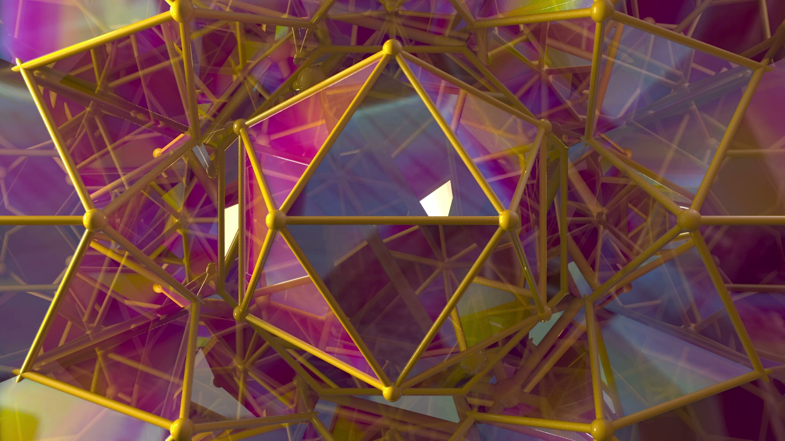 Abstract 4K video loop of rotating geometric shapes with vibrant colors featuring polyhedral structures and a futuristic design in purple and yellow hues.