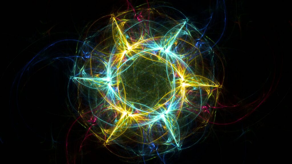 Intricate and vibrant fractal animation loop featuring colorful glowing lines in a symmetrical circular pattern on a dark video background.