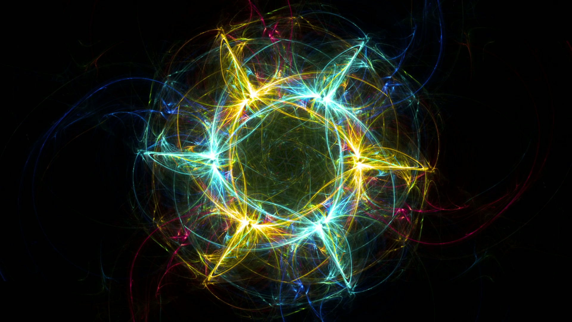 Intricate and vibrant fractal animation loop featuring colorful glowing lines in a symmetrical circular pattern on a dark video background.