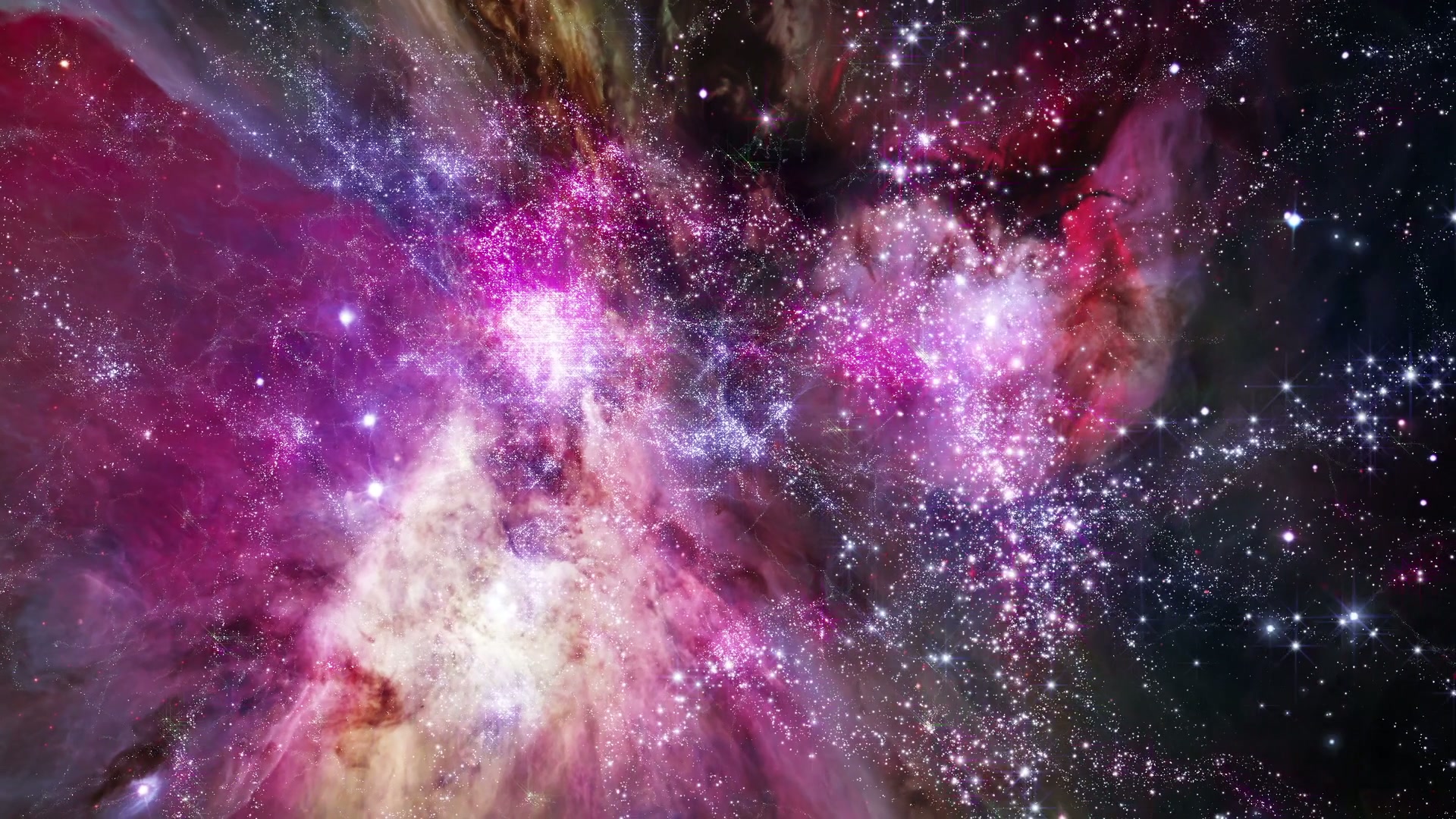 Colorful cosmic nebula animation with bright pink, purple, and white hues, showcasing numerous stars and swirling gasses in a vibrant, ethereal outer space journey.