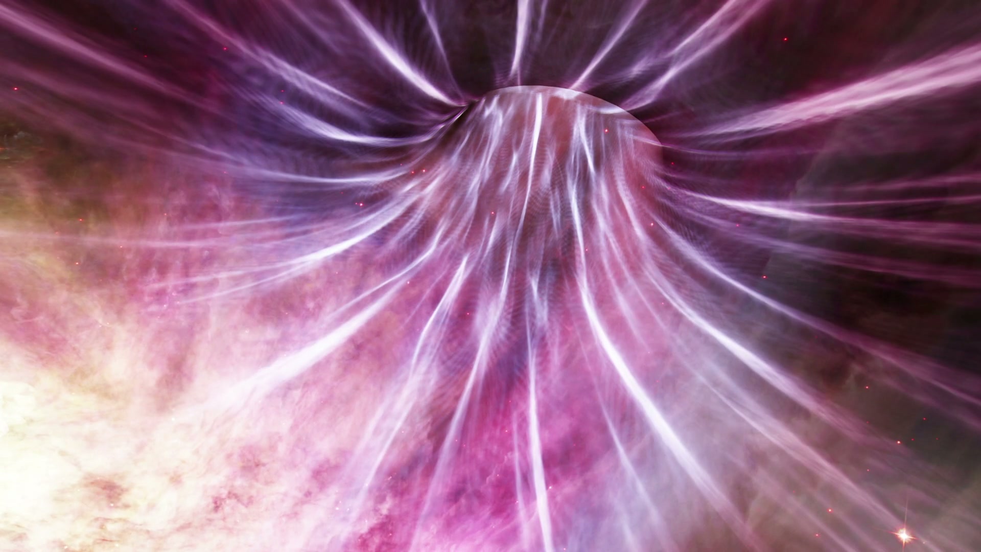 Abstract cosmic video loop featuring a swirling vortex of pink and purple colors, resembling a gateway in space with radiant light streaks and scattered star-like dots.