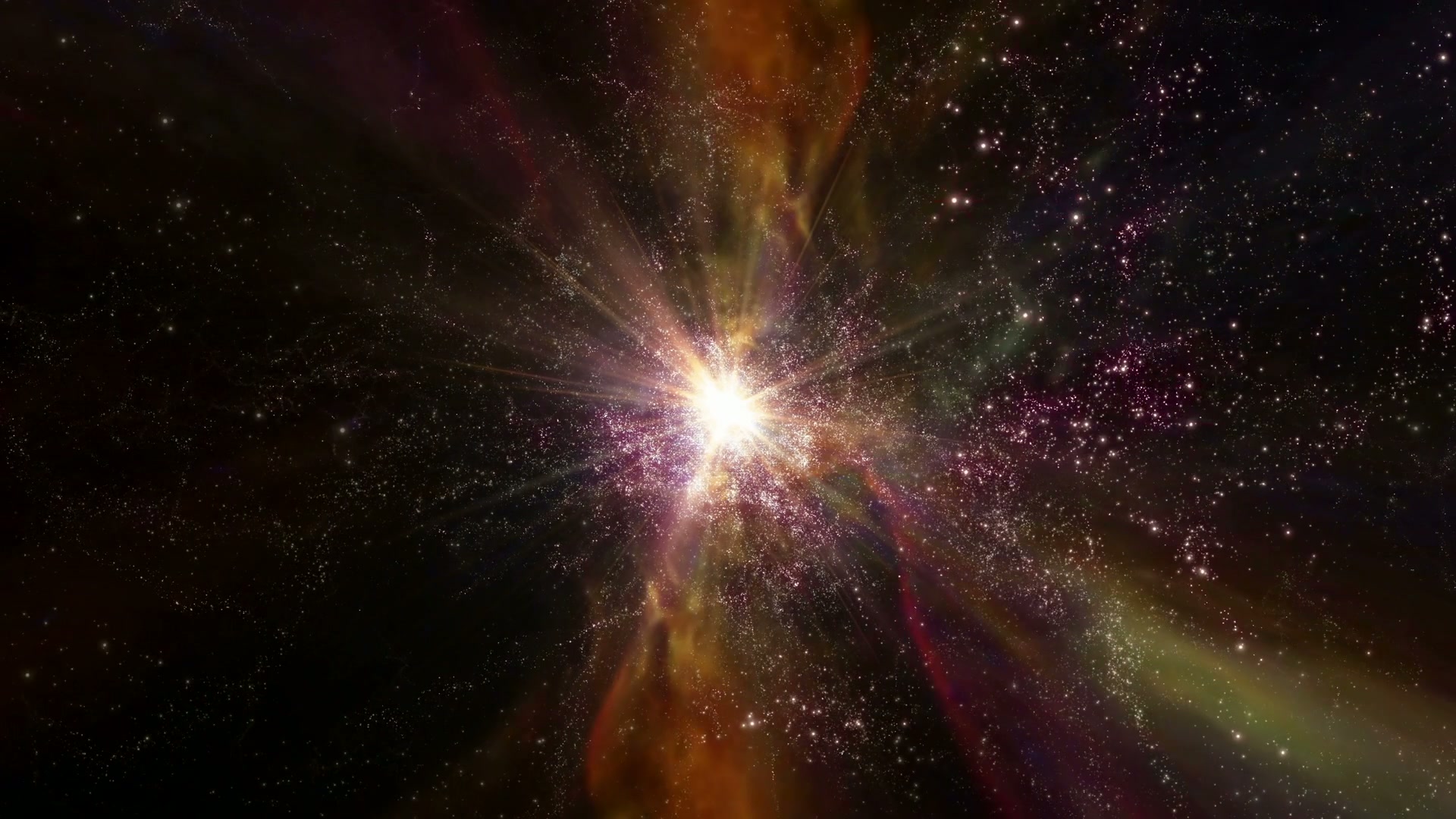 A visually captivating video animation loop os a cosmic explosion in deep space with vibrant starburst radiance, surrounded by colorful nebulae and scattered stars, showcasing the dynamic beauty of the universe.