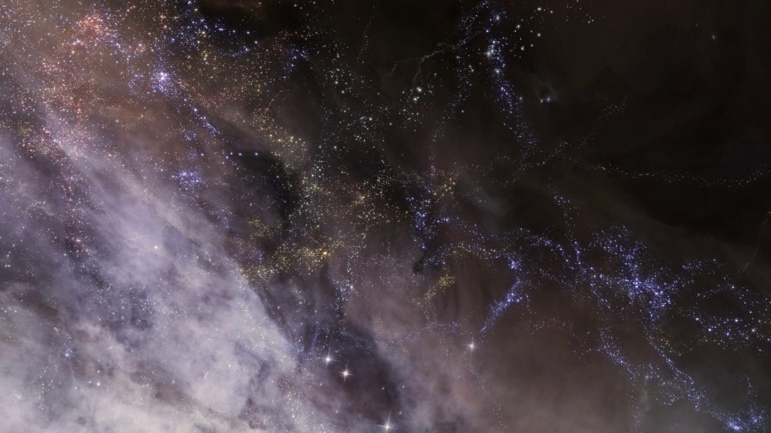 A breathtaking 4K video loop of shimmering stars amidst swirling cosmic gases and shadows in outer space.