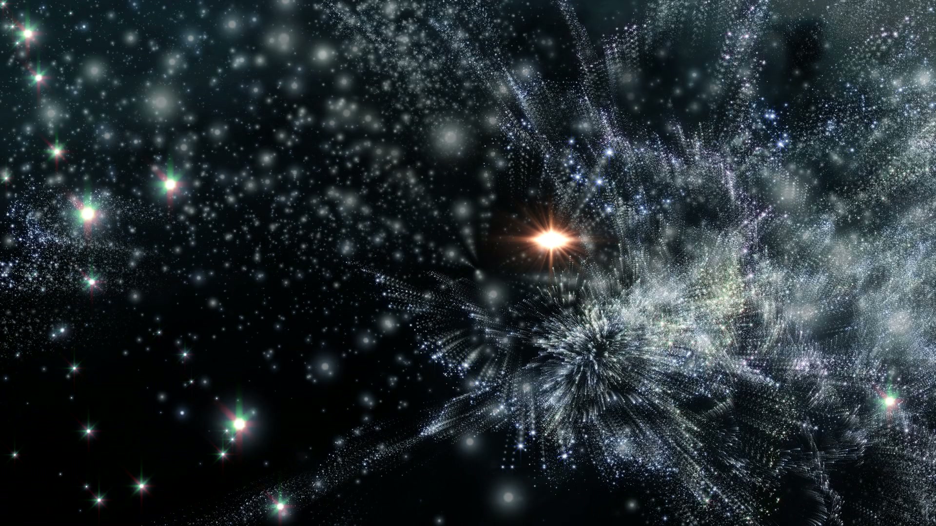 Stunning cosmic video loop featuring a bright starburst surrounded by shimmering stars, set against a dark, expansive universe backdrop, capturing the wonder and beauty of the cosmos as we travel through.
