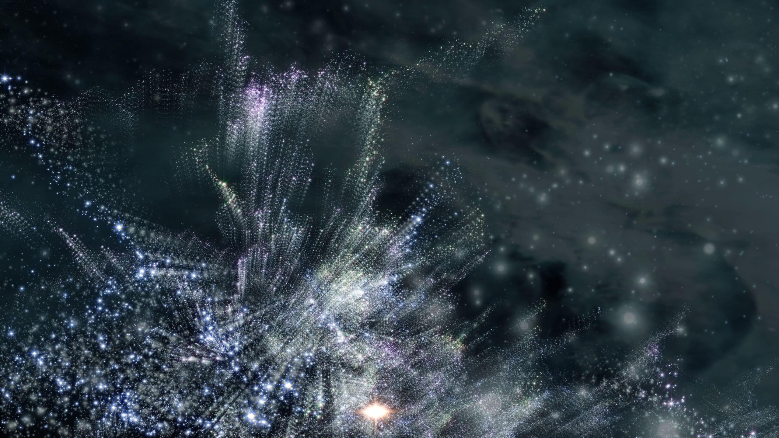 A vibrant burst of sparkling lights explodes through dark space, illuminating numerous shimmering stars alongside swirling particle streams creating a stunning astronomical dance.