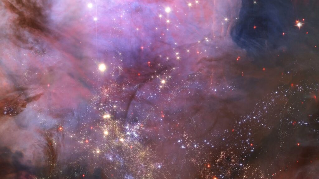 A mesmerizing cosmic journey through a vibrant nebula with purple, pink, and blue swirls, dotted with bright stars in the vastness of space.