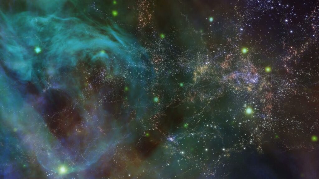 Vibrant video loop through a cosmic landscape depicting swirling clouds of gas and dust illuminated by countless stars against a dark universe backdrop.