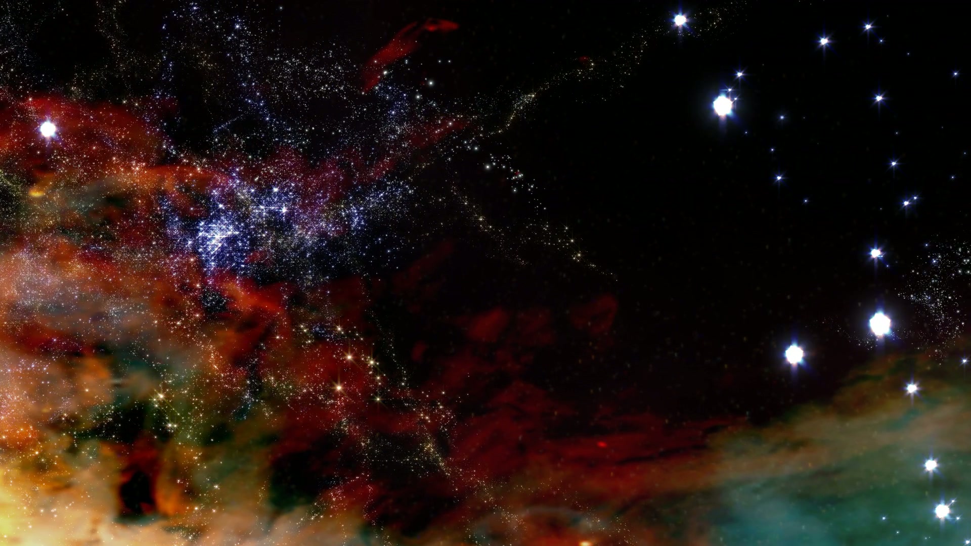 Dazzling cosmic animation loop showcasing a vibrant nebula with scattered stars against a dark celestial background, showing the breathtaking beauty of deep space travel.