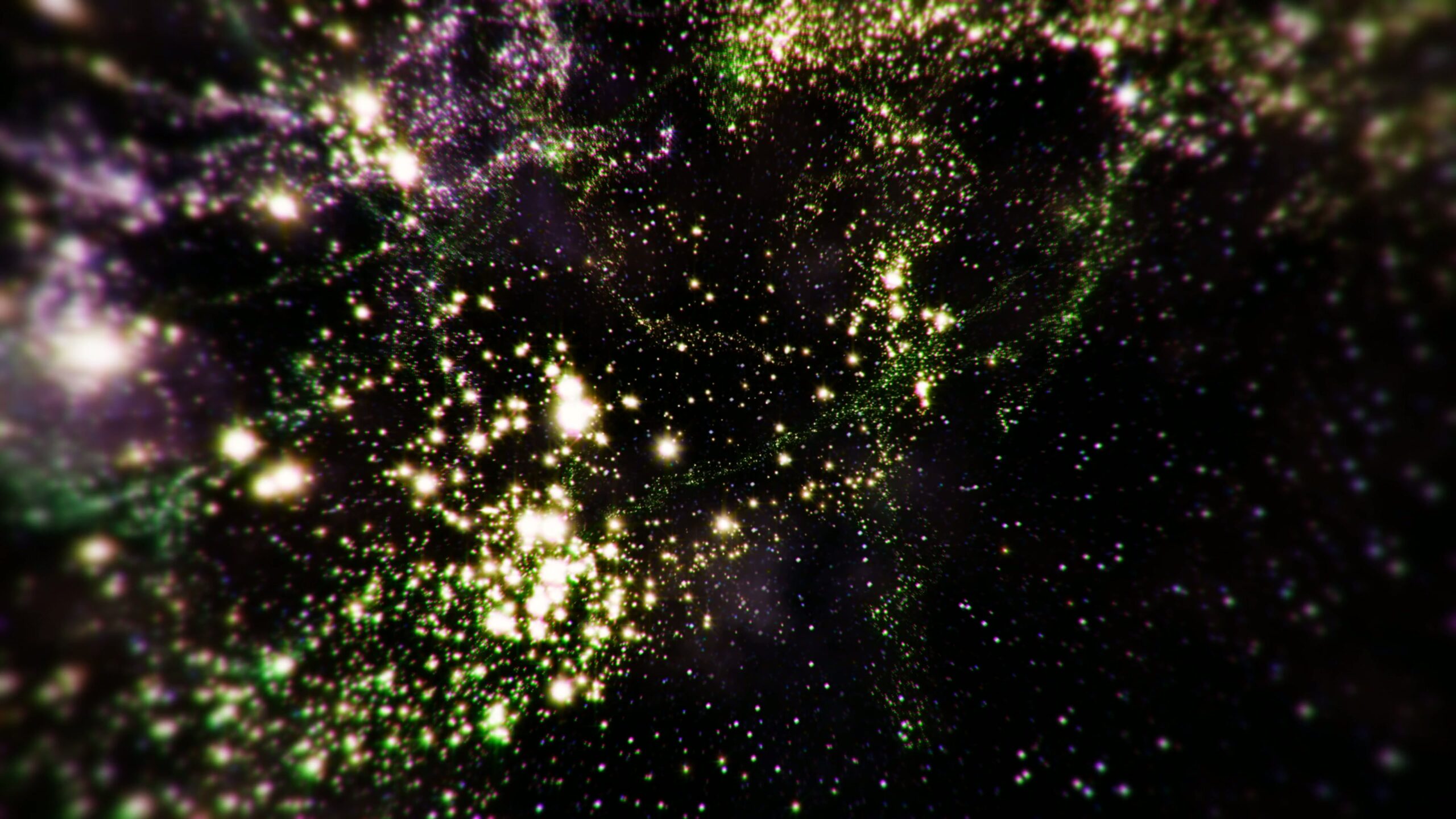 4K video loop of a celestial journey showcasing a dense cluster of stars against a dark void, with hints of green and purple hues.