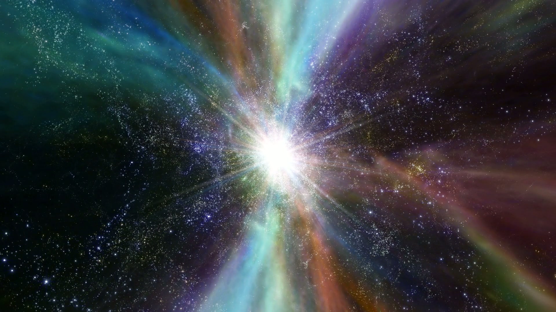 A vibrant cosmic video loop depicting an explosion of light and color in space, reminiscent of the Big Bang, with stars scattered across a dark background.