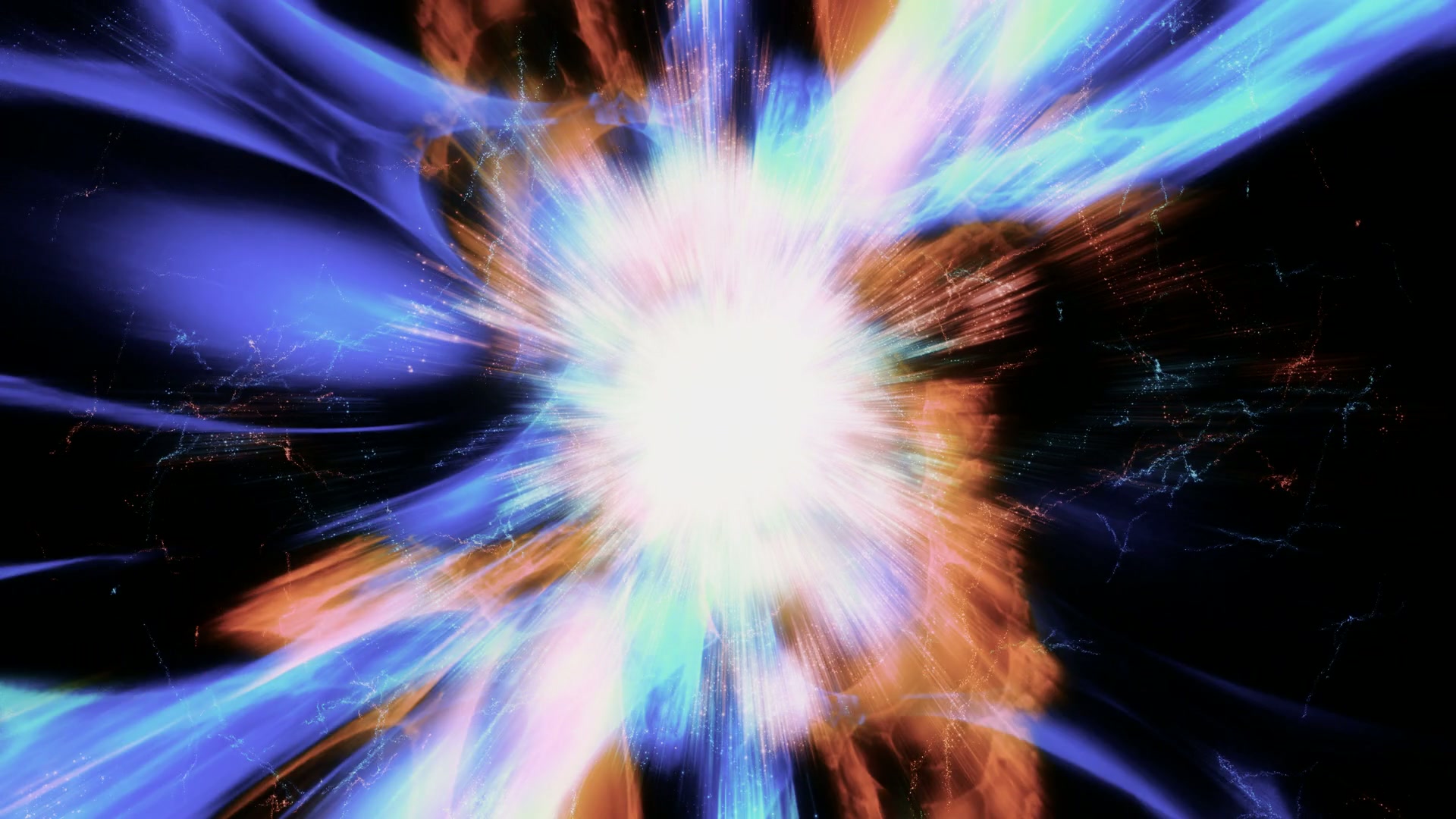 Abstract video loop animation depicting a cosmic explosion with vibrant blue, pink, and orange streaks radiating from a bright central light against a black background, conveying dynamic energy and wonder.