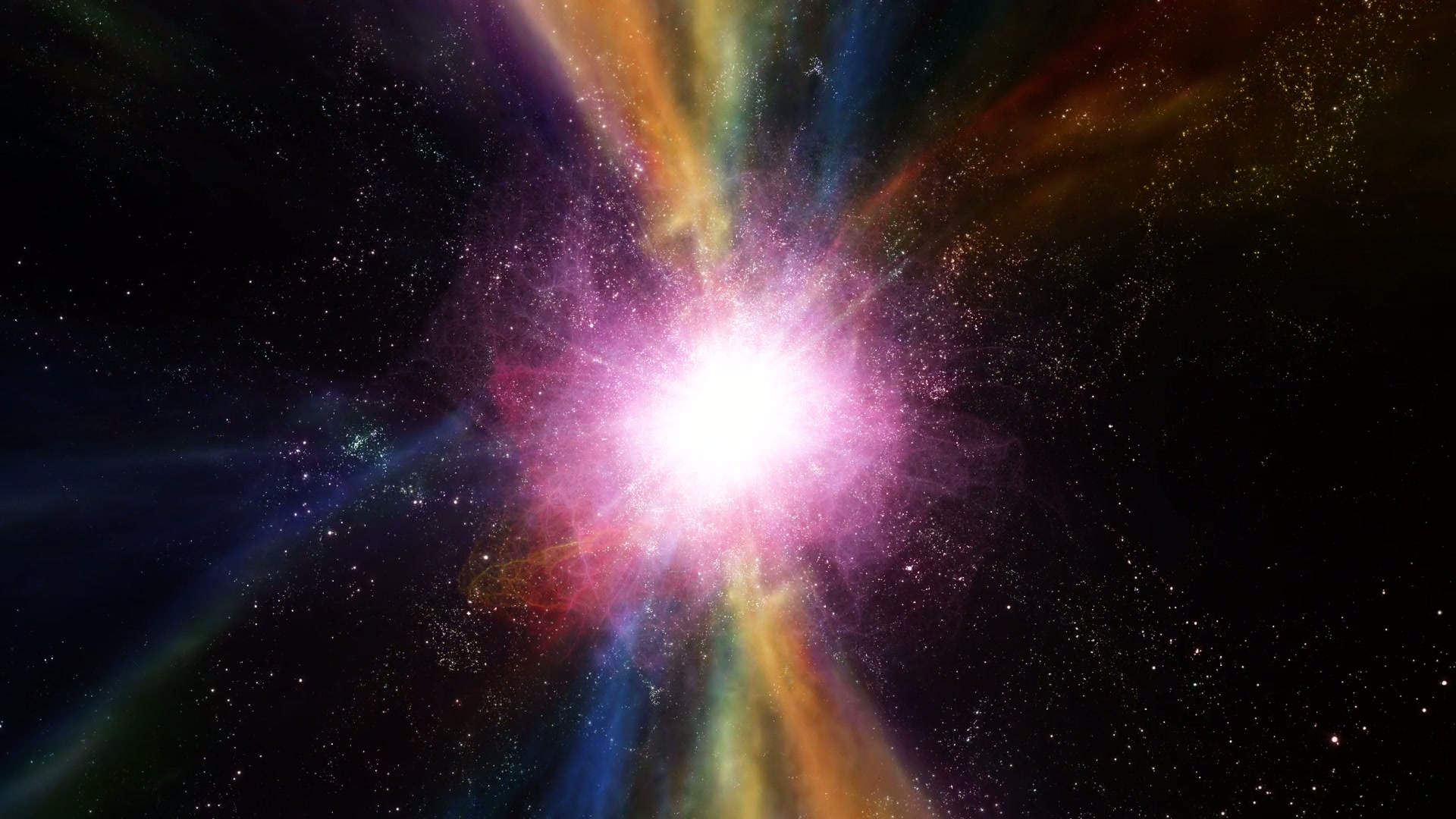 A video loop of a stunning cosmic explosion radiating colorful light and hues in space, surrounded by countless stars.