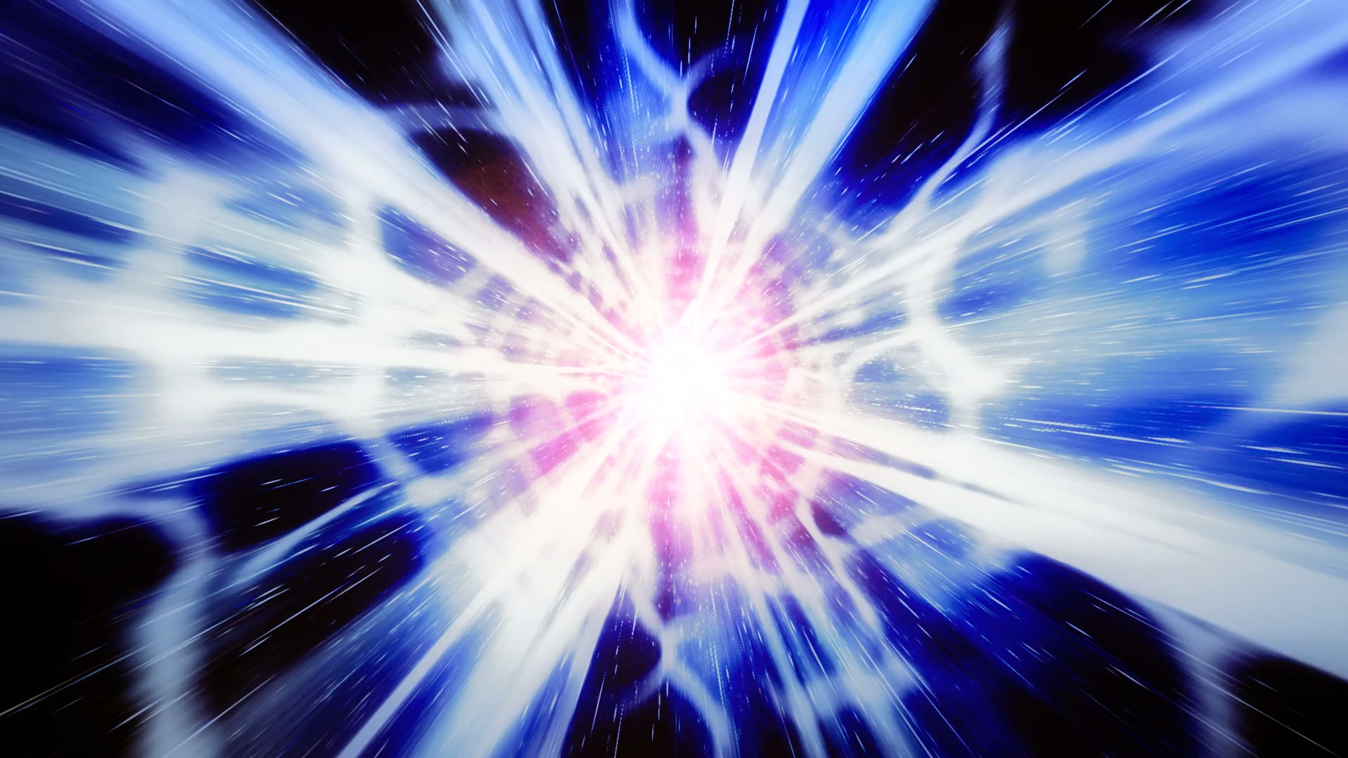 A vibrant HD video loop cosmic explosion with a bright core and radiating streaks of blue, pink, and white colors, evoking powerful energy and speed.