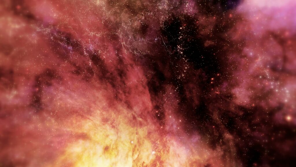 A stunning and vibrant video loop of a journey through a space nebula with swirling colors of red, purple, and yellow, dotted with countless twinkling stars against a dark, expansive background, showcasing the beauty and vastness of the universe.
