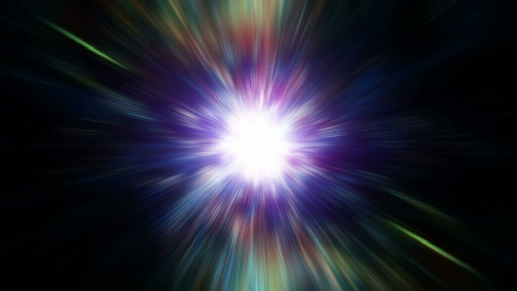 HD video loop of a vibrant cosmic light burst with dynamic rays of blue, purple, and green emanating from a bright central explosion against a dark background, resembling a celestial event.