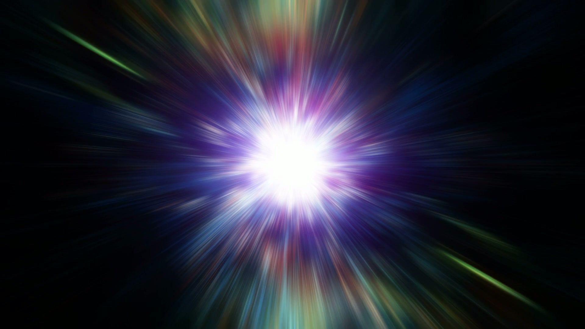 HD video loop of a vibrant cosmic light burst with dynamic rays of blue, purple, and green emanating from a bright central explosion against a dark background, resembling a celestial event.