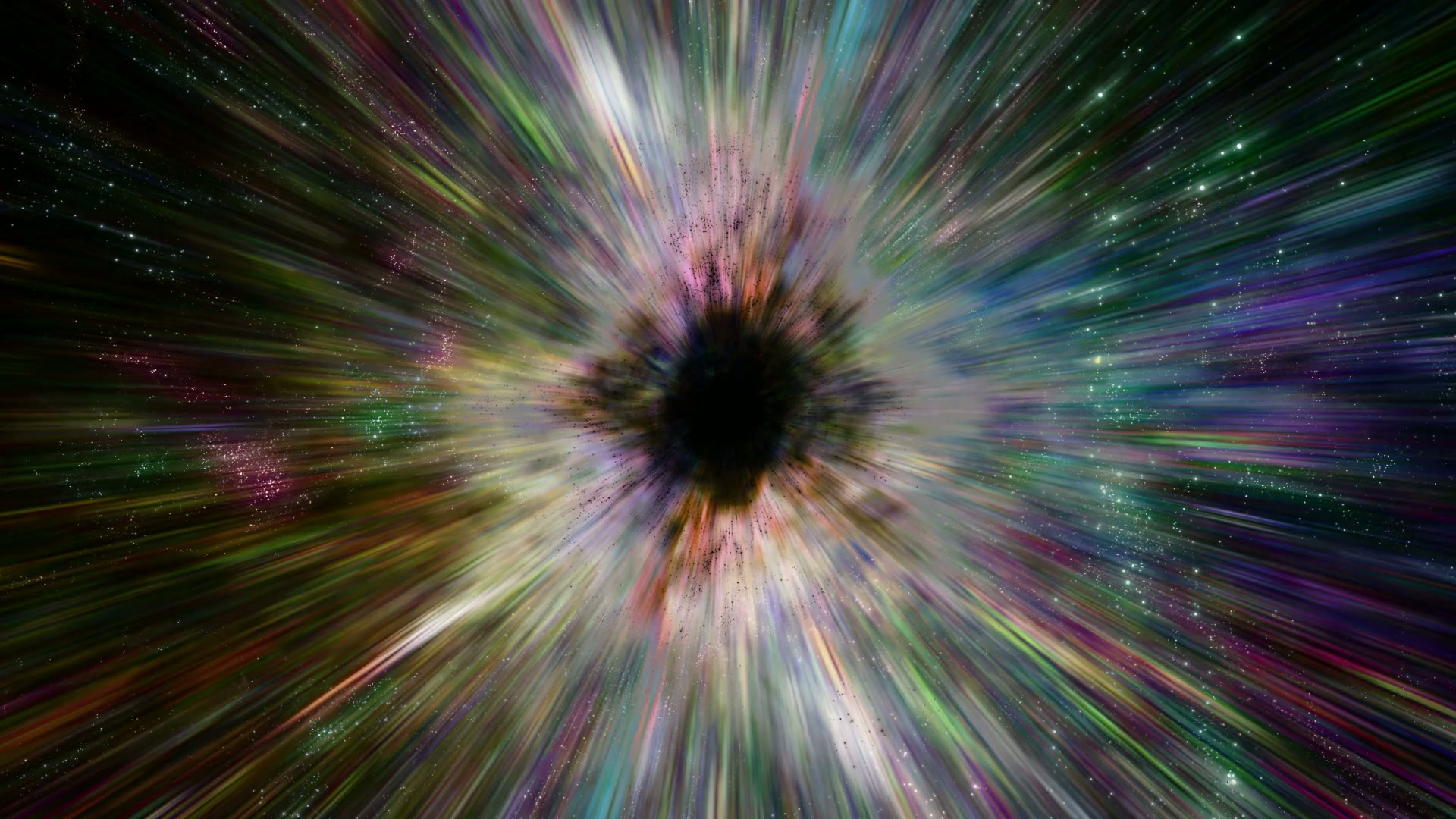 A vibrant cosmic scene depicting a colorful blackhole in space, with a central dark void surrounded by dynamic streaming light streaks, resembling a wormhole amidst a starry backdrop.