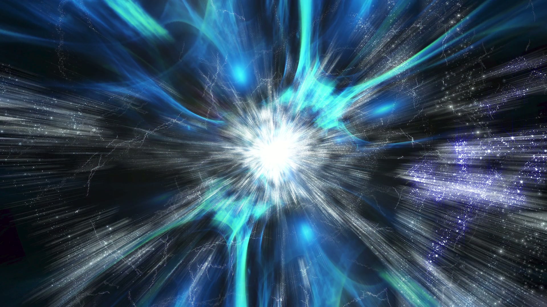 A dynamic video loop of a cosmic explosion, showing a radiant burst of white light and vibrant blue and teal hues, resembling a supernova or black hole in deep space.