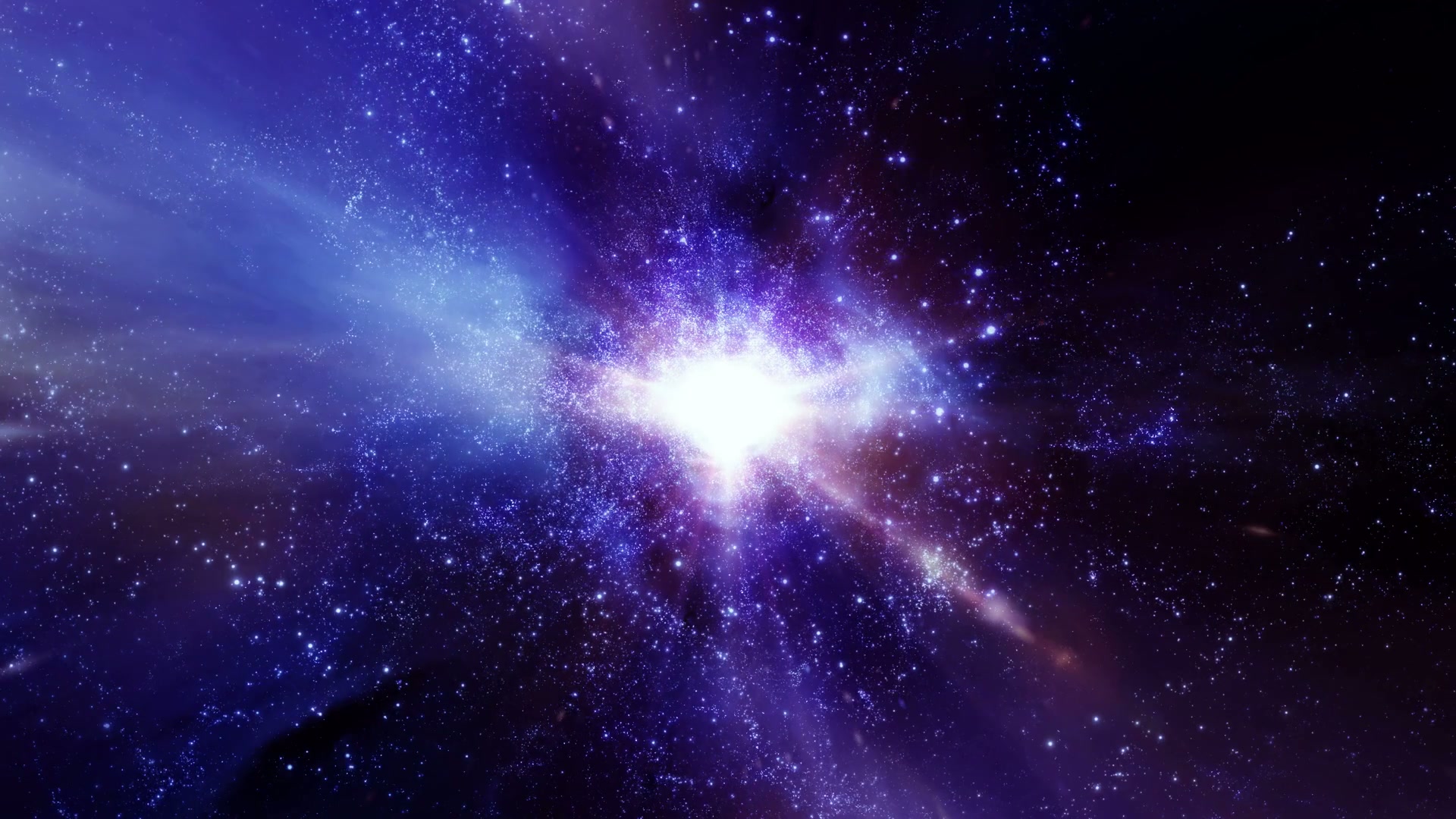 This 3D animation loop depicts a vibrant cosmic scene of a galaxy and nebula.