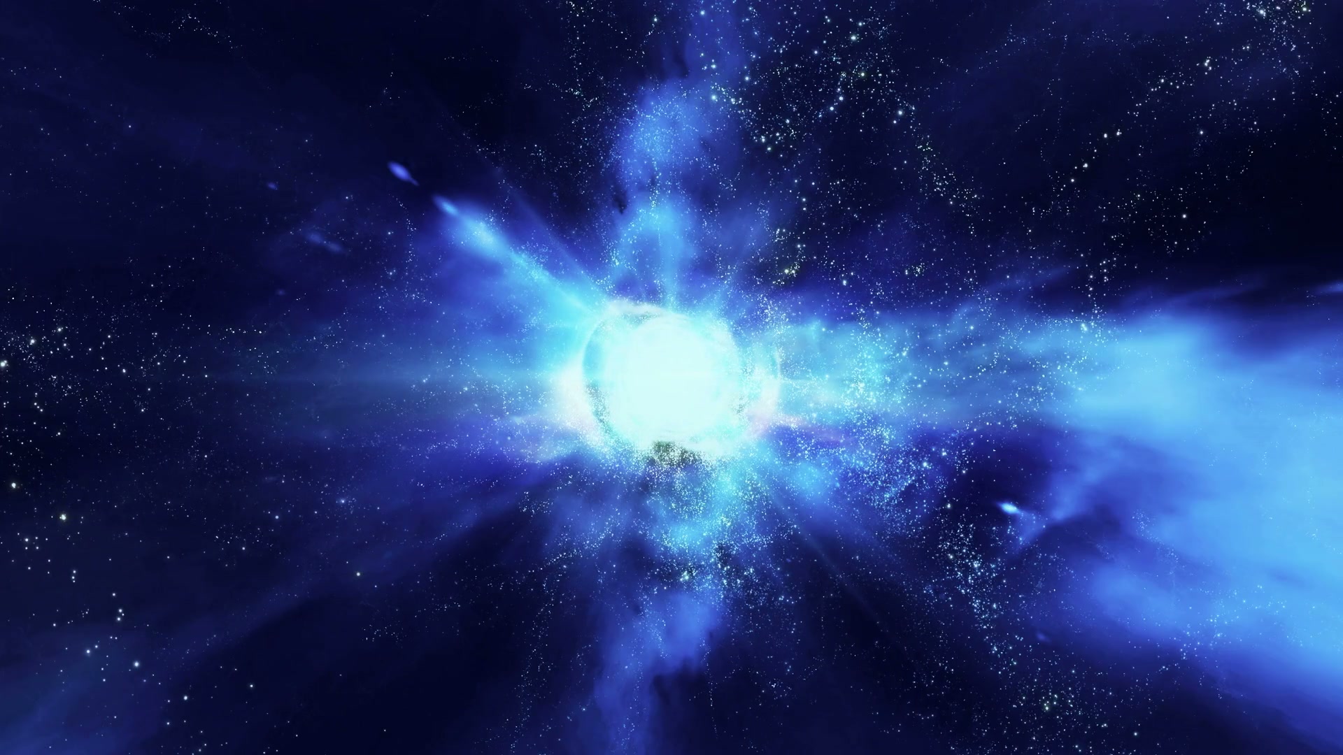 Stunning video loop of a cosmic explosion with radiant blue and white light amid a star-filled universe background, showcasing the beauty and mystery of space phenomena.