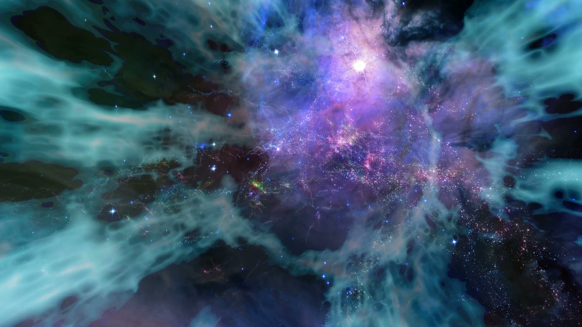 A vibrant cosmic nebula video loop showcasing a blend of purple, blue, and green hues with a radiant star, surrounded by wispy clouds and distant stars, highlighting the beauty and mystery of the universe.