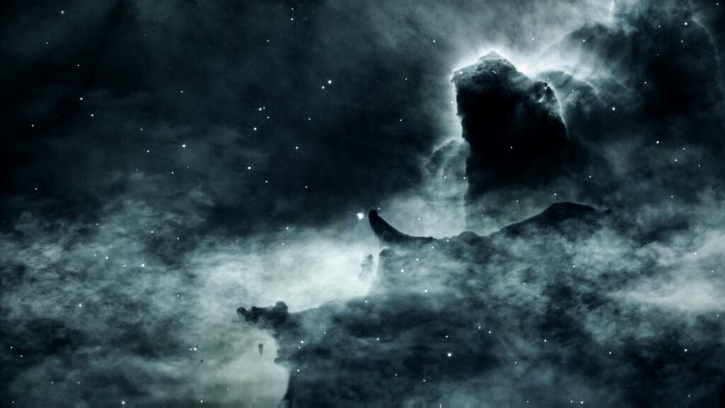 Nebulae glow amidst twinkling stars under mysterious formations