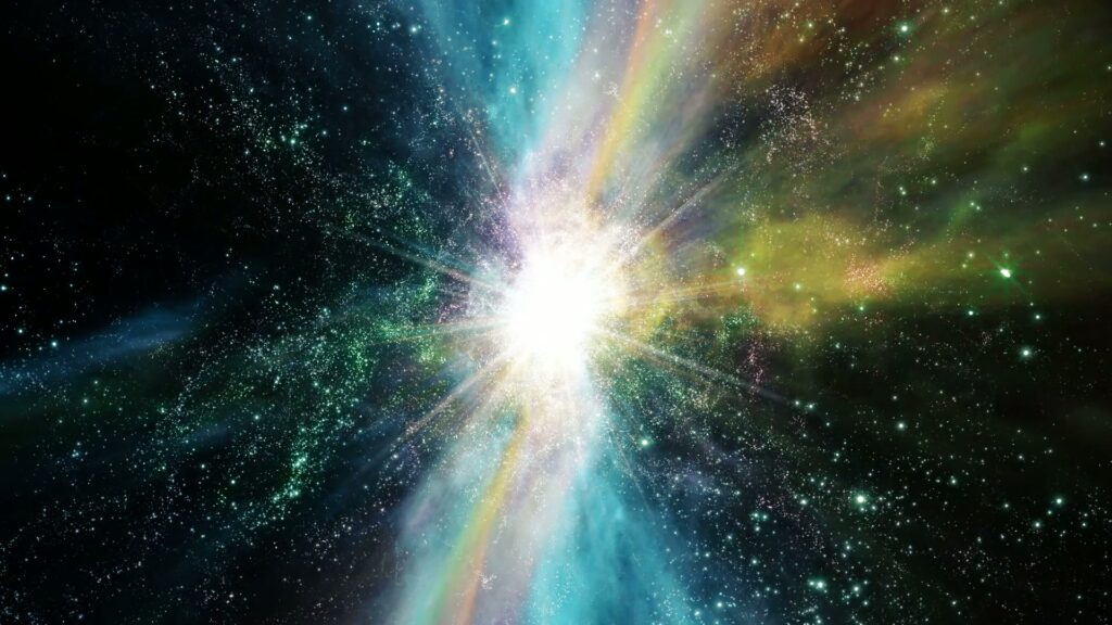 HD looping video of a dazzling cosmic explosion with vibrant colors and radiant light set against a backdrop of countless stars, illustrating the vastness and mystery of the universe.